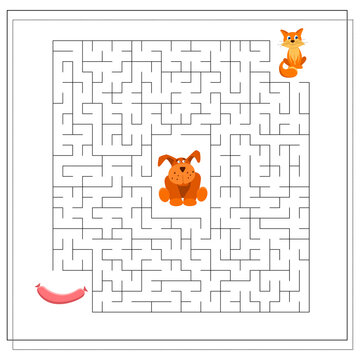 A maze game for kids. guide the cat through the maze to the sausage, so as not to get to the dog. Vector isolated on a white background