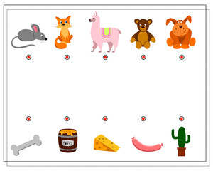 A puzzle game for kids. Where is whose food. Choose the right food for the cartoon animals. Mouse cat llama bear dog cheese sausage cactus marksmanship. Vector isolated on white background