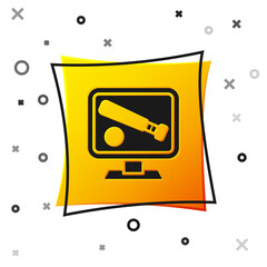 Black Monitor with baseball ball and bat on the screen icon isolated on white background. Online baseball game. Yellow square button. Vector