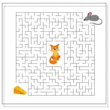 A maze game for kids. guide the mouse through the maze to the cheese, so as not to get to the cat. Vector isolated on a white background