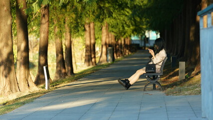 One girl watching her iphone under the warm sunset sunlight in the park