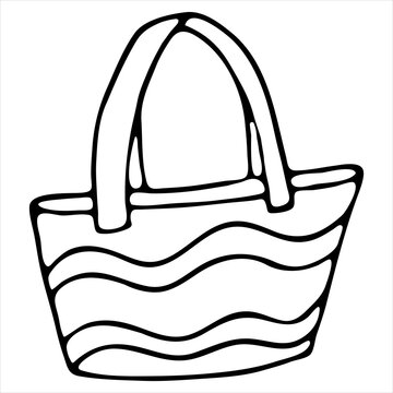 beach bag for summer vacation at sea, vector doodle element, coloring book, black and white