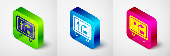 Isometric Road traffic sign. Signpost icon isolated on grey background. Pointer symbol. Isolated street information sign. Direction sign. Square button. Vector