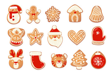 Gingerbread christmas cute cookies set. Biscuit charecters for new year design. Vector catroon illustration.