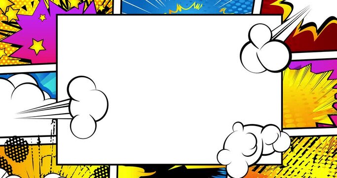 Pop Art background with place for text. Comic book frame, page animated. Retro cartoon drawing for advertising. Backdrop for comics superhero text. 4k animated abstract footage.