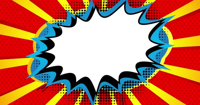 Pop art yellow and red comic book cartoon background. Radial lines rotates on a halftone pattern. Retro backdrop for comics superhero text. Seamless retro looping pop art animation. 4k animated.