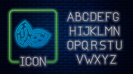 Glowing neon Seeds of a specific plant icon isolated on brick wall background. Neon light alphabet. Vector
