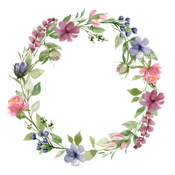 Wreath, floral frame, watercolor flowers pink and blue roses, Illustration hand painted. Isolated on white background. Perfectly for greeting card design.