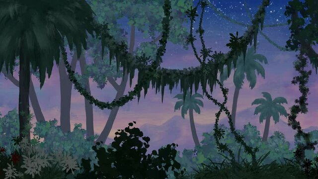 a walk in the twilight jungle against the backdrop of a purple sunset