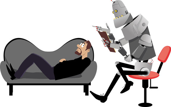 Concerned patient lying on a couch speaking with a robot psychiatrist during a therapy session, EPS 8 vector illustration