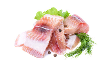 Pangasius fish fillet, pieces on a green lettuce leaf. Isolated on a white background. Fresh Fish Fillet.