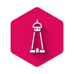 White Mosque tower or minaret icon isolated with long shadow background. Pink hexagon button. Vector