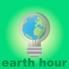 Earth globe in bulb on green background with the text earth hour