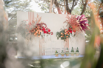 Flower backdrop background,Wedding wooden backdrop with flower and wedding decoration in garden,Wedding backdrop.