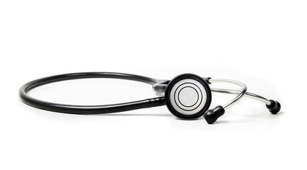 Black Stethoscope, front view of chestpiece. Used by medical professionals and practitioner to hear sounds made by the heart, lungs, and intestines. Isolated on white. Selective focus.