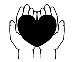 両手に乗ったハートのイラスト　白黒