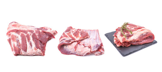 Meat set.Raw pork and beef ribs from different angles isolated on a white background.Selective focus.