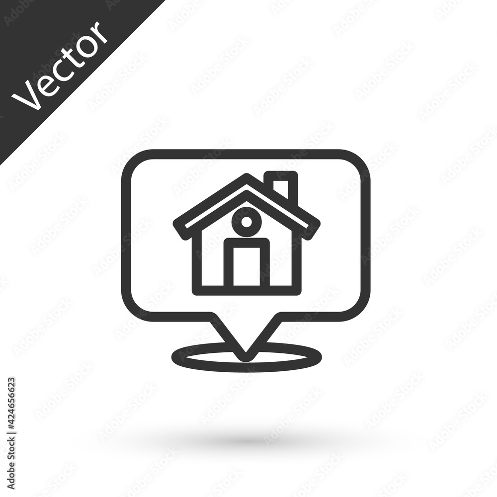 Poster grey line map pointer with house icon isolated on white background. home location marker symbol. vec