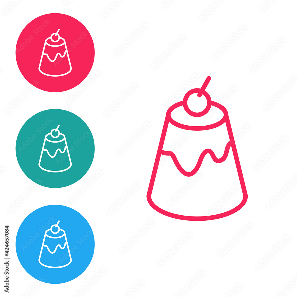 Poster red line pudding custard with caramel glaze icon isolated on white background. set icons in circle b