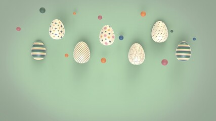 Composition of decorated easter eggs with different colors, ornaments and designs on solid green background 3d rendering image