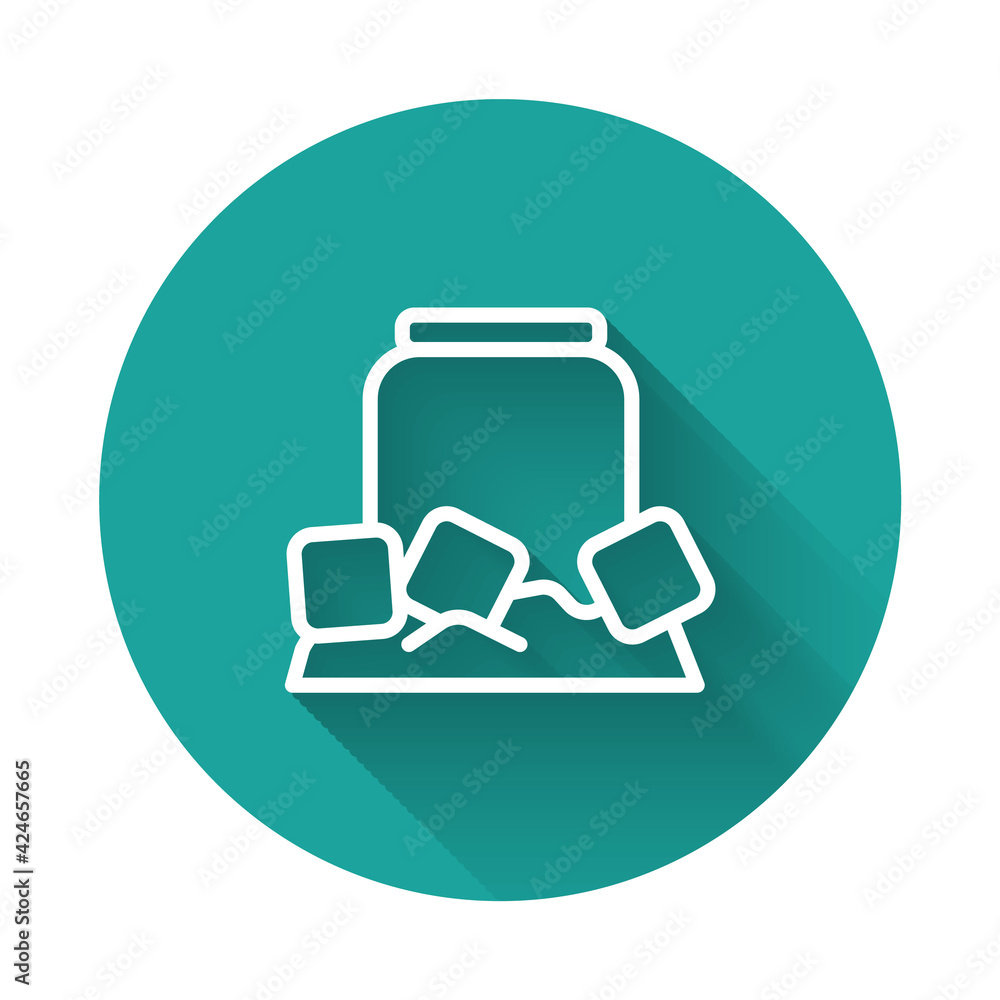 Poster white line cold beer can icon isolated with long shadow background. green circle button. vector