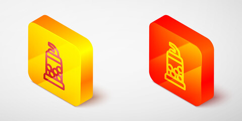 Isometric line Bottle opener icon isolated on grey background. Yellow and orange square button. Vector