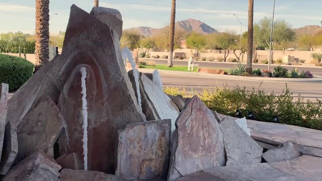 A flagstone fountain graces the entrance of The McCormick Hotel Millenium at McCormick Ranch, Scottsdale, Arizona