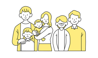 寄り添う笑顔の家族の単色イラスト
