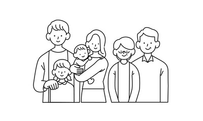 寄り添う笑顔の家族の単色イラスト
