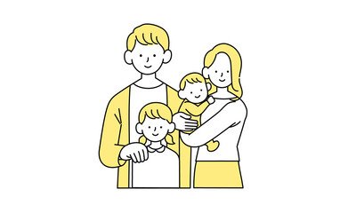 寄り添う笑顔の家族の単色イラスト
