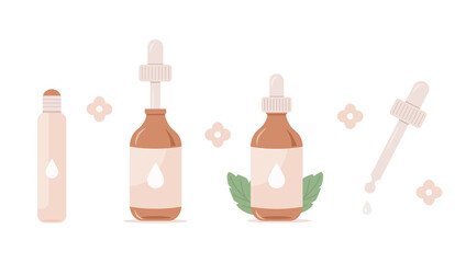 Set of Flat vector Essential oil bottles. Massage aromatherapy roller. Beauty Skincare Routine. Dropper with serum. Design for herbal antioxidant and natural perfume products with pipette.