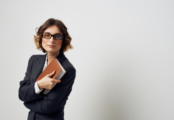 Woman documents glasses classic suit business finance Copy Space