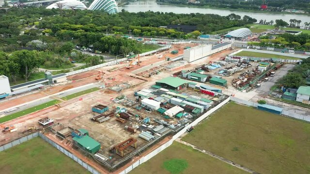 Drone shot of construction site , Marina Barrage, Singapore