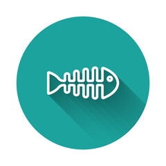 White line Fish skeleton icon isolated with long shadow background. Fish bone sign. Green circle button. Vector