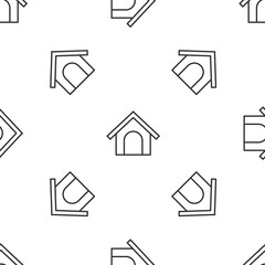 Grey line Dog house icon isolated seamless pattern on white background. Dog kennel. Vector