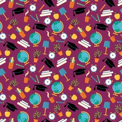 Back to school. Seamless pattern with school elements. Hand-drawn flat style. Design for fabric, textile, wallpaper, packaging.	