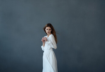 attractive woman white dress glamor luxury studio gray background luxury