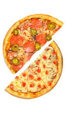 Pizza, two halves isolated on a white background. Versus concept. Appetizing pizza.