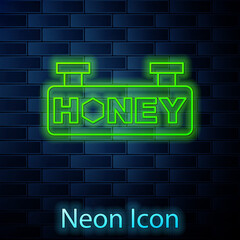 Glowing neon line Hanging sign with honeycomb isolated on brick wall background. Signboard icon. Honey cells symbol. Sweet natural food. Vector