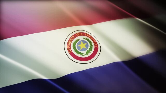4k Paraguay National flag slow waving with visible wrinkles in Paraguayan wind blue sky seamless loop background.A fully digital rendering;animation loops at 40 seconds;smooth texture.
