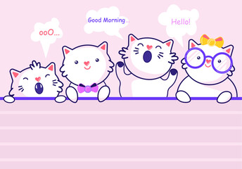 Flat morning cats, cartoon. Child vector. Good morning. Perfect for postcard, greeting card, baby shower girl, design.