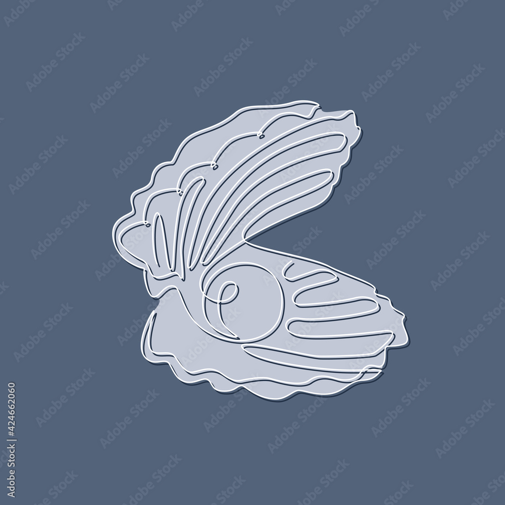 Poster Open seashell with pearl. Continuous one line drawing of an oyster mollusk. Modern minimalist badge icon or logo with texture effect. Vector illustration
