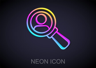 Glowing neon line Magnifying glass for search a people icon isolated on black background. Recruitment or selection concept. Search for employees and job. Vector