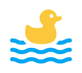 Yellow plastic duck floating on water vector illustration. Cute Kid toy for play in the bath icon.