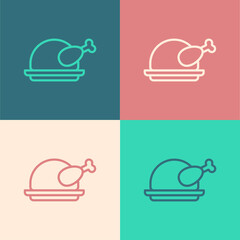 Pop art line Roasted turkey or chicken icon isolated on color background. Vector