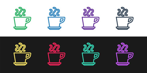 Set line Coffee cup icon isolated on black and white background. Tea cup. Hot drink coffee. Vector