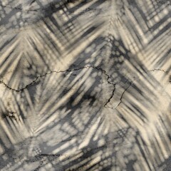 Seamless abstract print of botanical leaf shadows over abstract surface design. High quality illustration. Tropical palm leaves showing in the negative space between sunlight rays overlaid on design.