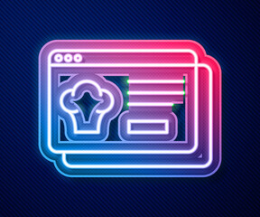 Glowing neon line Online ordering and fast food delivery icon isolated on blue background. Vector