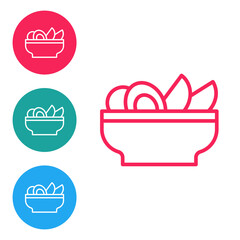 Red line Nachos in plate icon isolated on white background. Tortilla chips or nachos tortillas. Traditional mexican fast food menu. Set icons in circle buttons. Vector