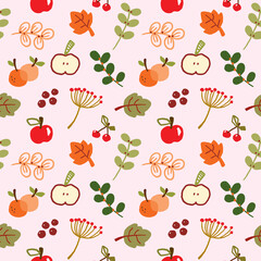 Seamless Pattern with Hand Drawn Fruit and Leaf Design on Light Pink Background